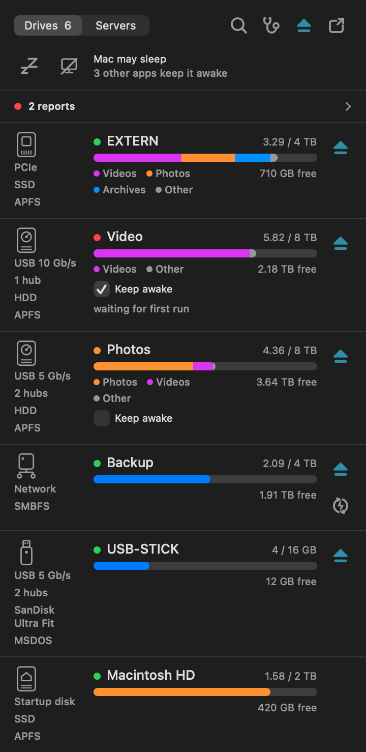 DriveChief shows a separate keep-awake switch for each external drive.