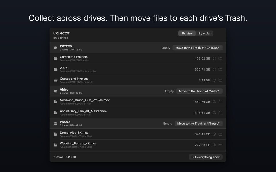 The collector across three drives, with a “Move to the Trash of …” button for each drive