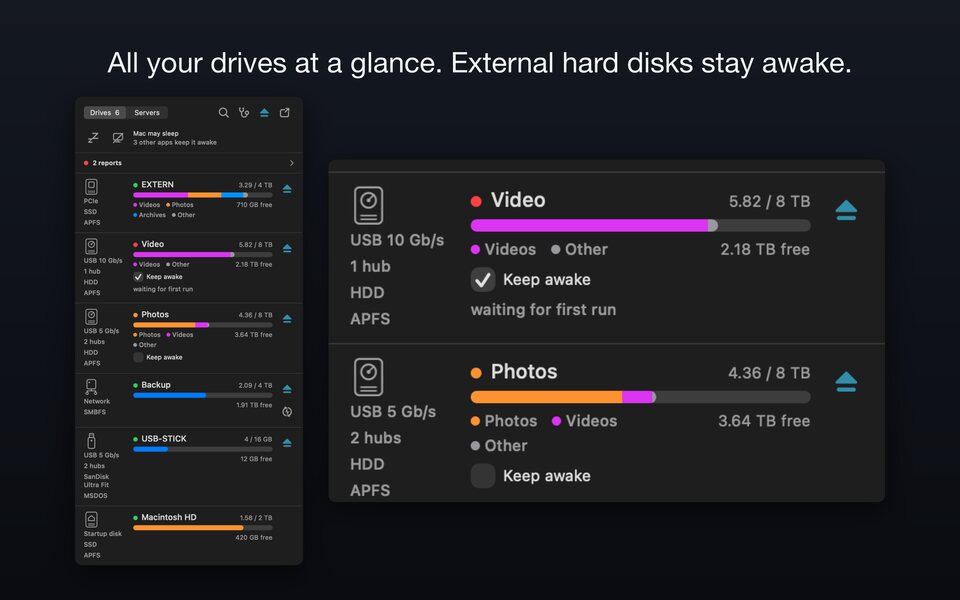 The drive list in the menu bar: usage by file type, connection path including hubs, eject per drive — and the “Keep awake” switch, present for hard disks and absent for SSDs
