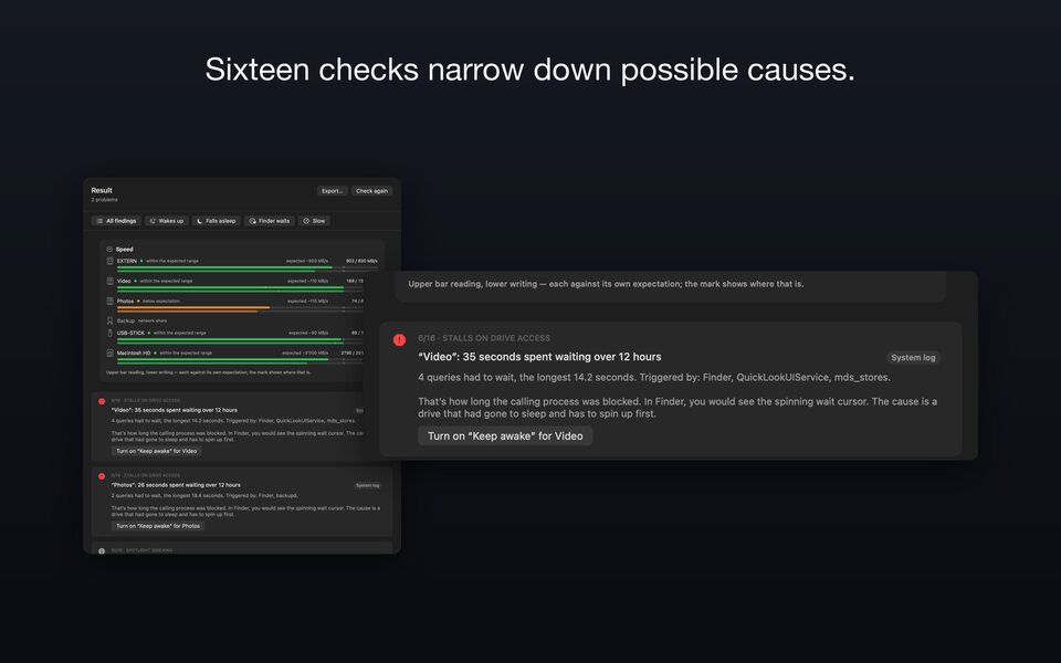 Diagnostics with the source for every finding, and the “Speed” block above