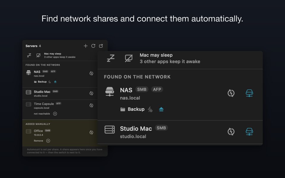 Server list, split into “found on the network” and “added manually”