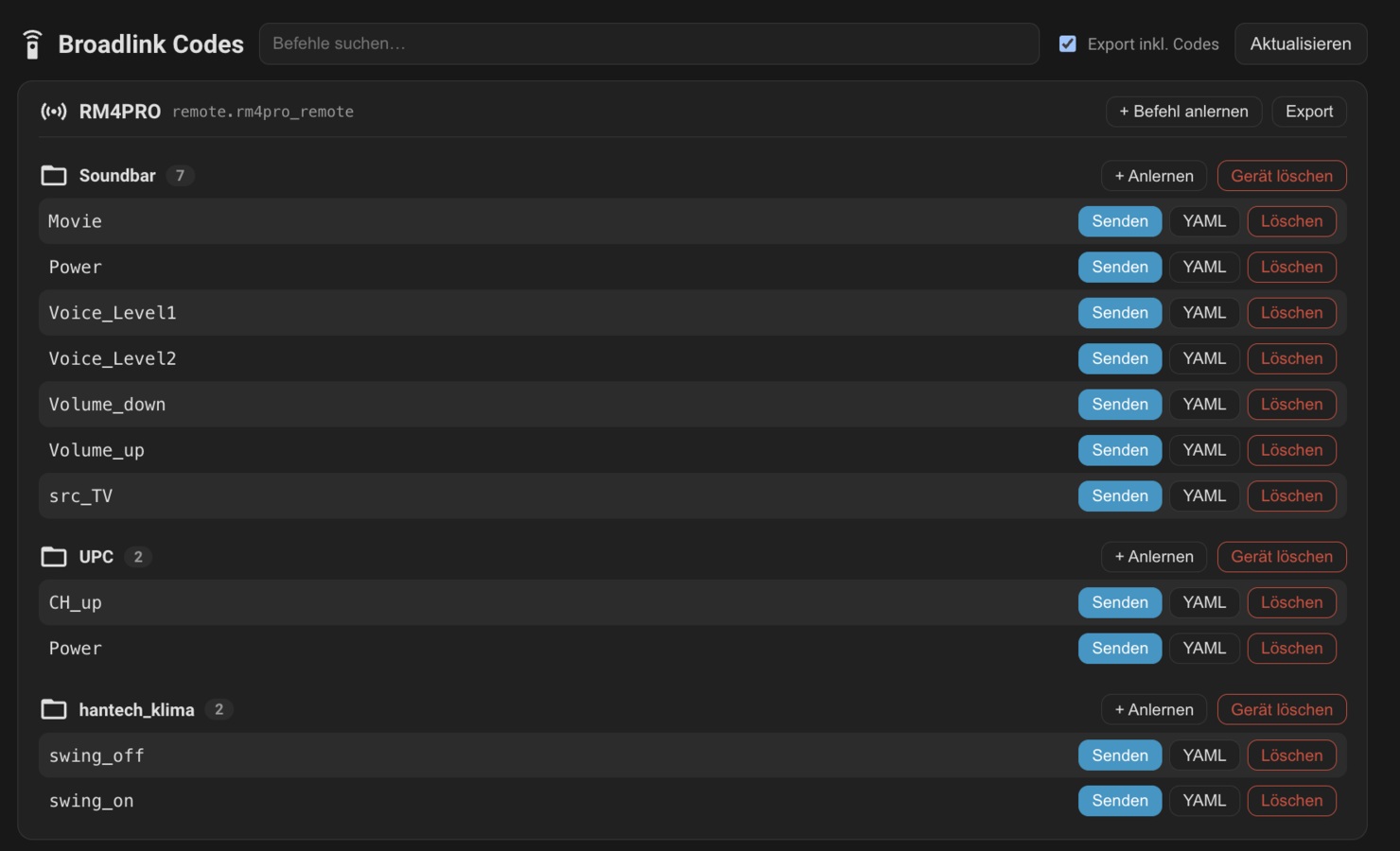 The inventory of learned Broadlink commands