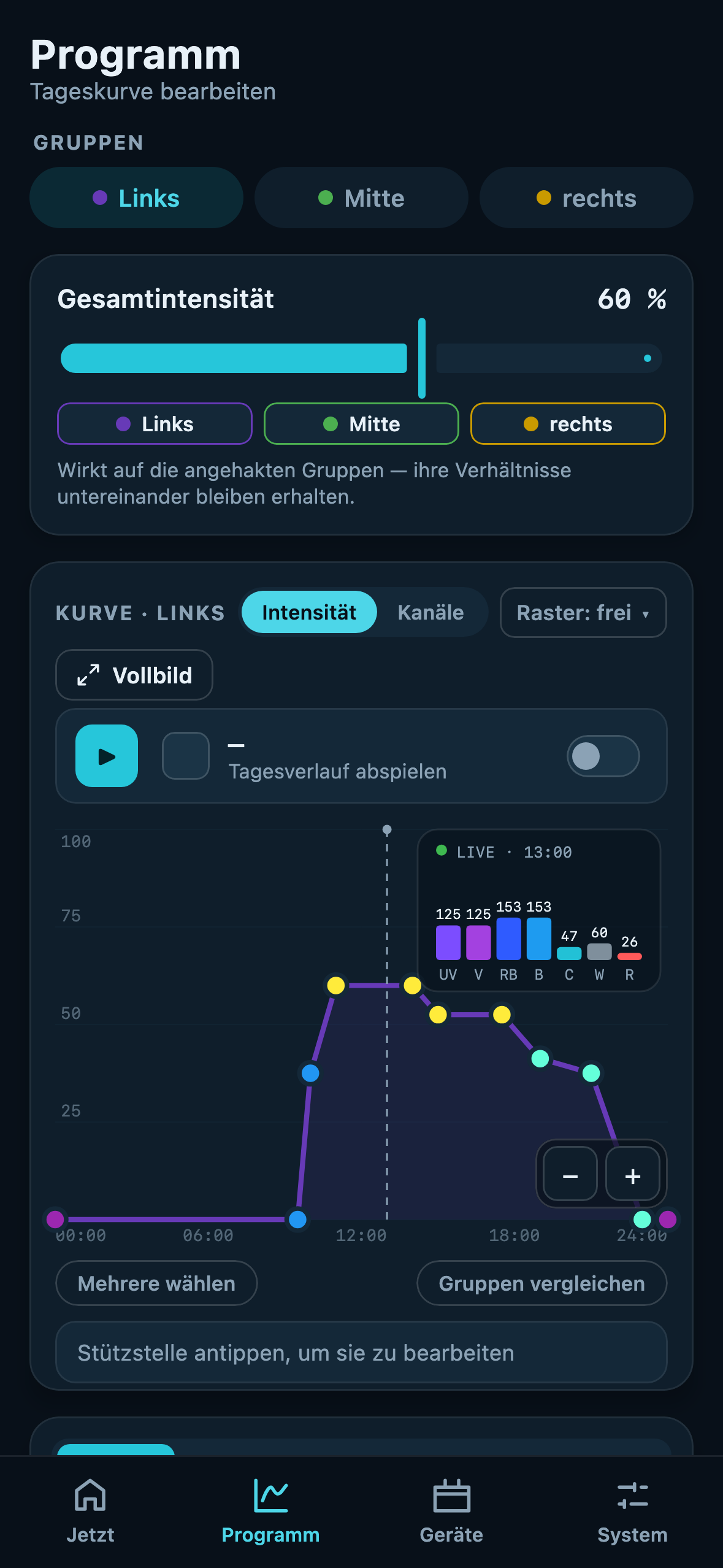 Am Telefon: die Tageskurve mit Gesamtintensität und Vorlagen