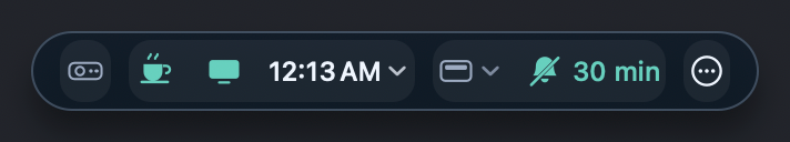 The capsule with all seven buttons: presentation mode, a steaming cup for keeping awake, the display, an end time, turning the notch off, muting the orange warning, and the way to the window and settings